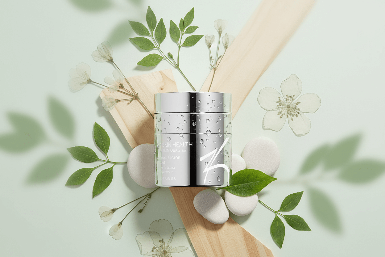 Alt Tag: ZO Growth Factor Serum FAQ: Your Questions Answered - ZO Skin Health Growth Factor Serum jar with green leaves and botanical skincare ingredients