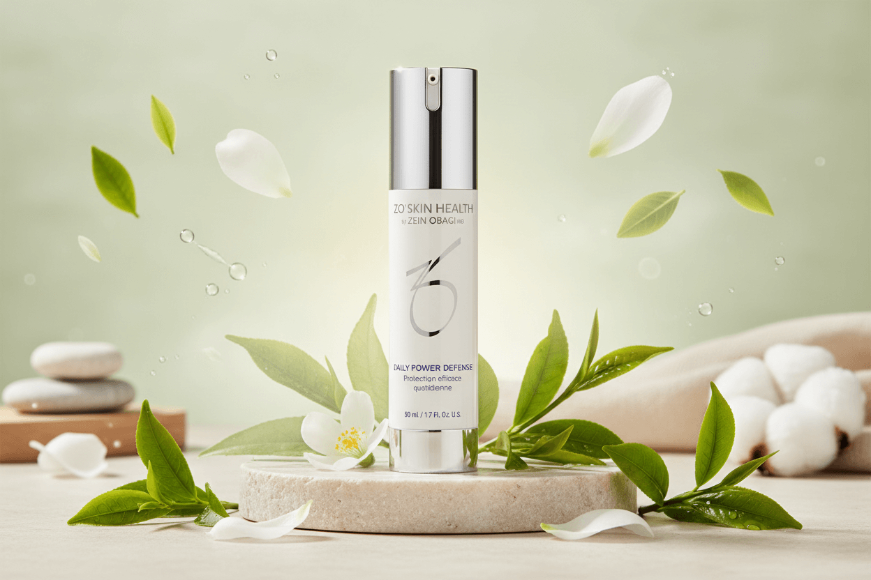 Alt Tag: ZO Daily Power Defense FAQ: Your Questions Answered - ZO Skin Health Daily Power Defense antioxidant serum bottle with green leaves