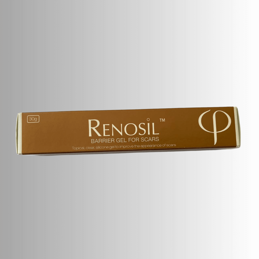 Renosil barrier gel for scars packaging on a gray background