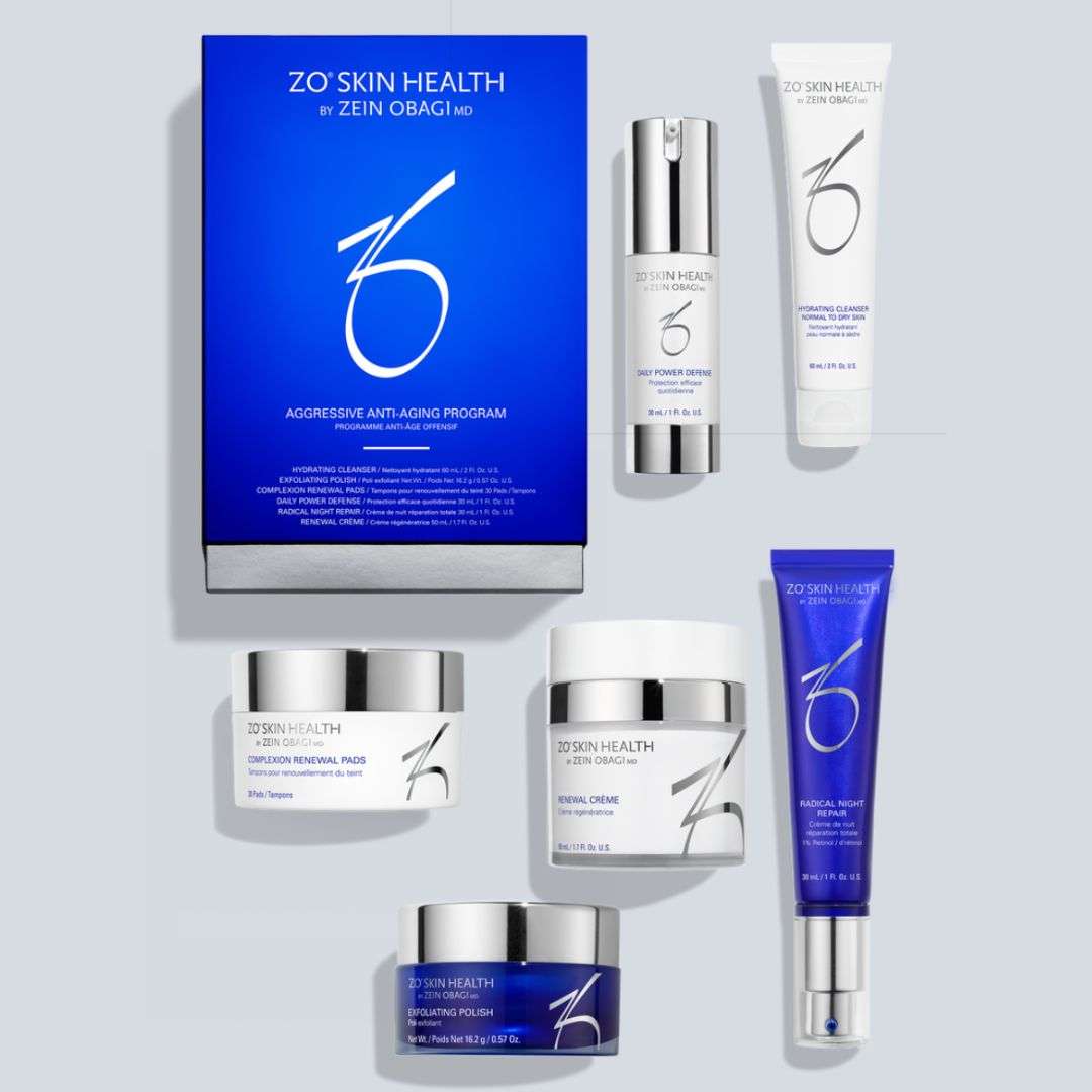 ZO Aggressive Anti-Aging Program skincare set including cleanser, serum, exfoliating polish, renewal pads, night repair, and renewal crème in branded packaging