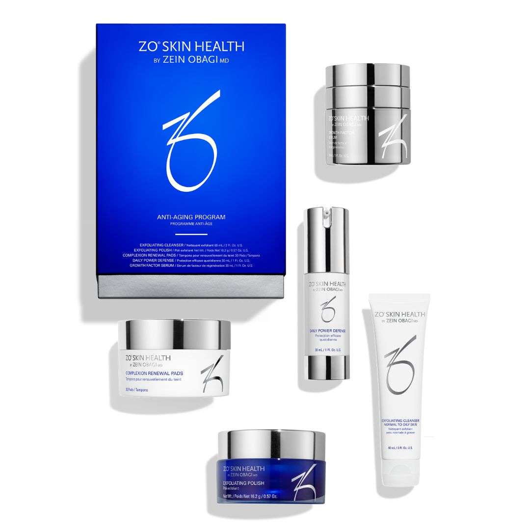 ZO Anti-Aging Program skincare set with exfoliating cleanser, polish, renewal pads, power defense serum, and growth factor serum for youthful skin.