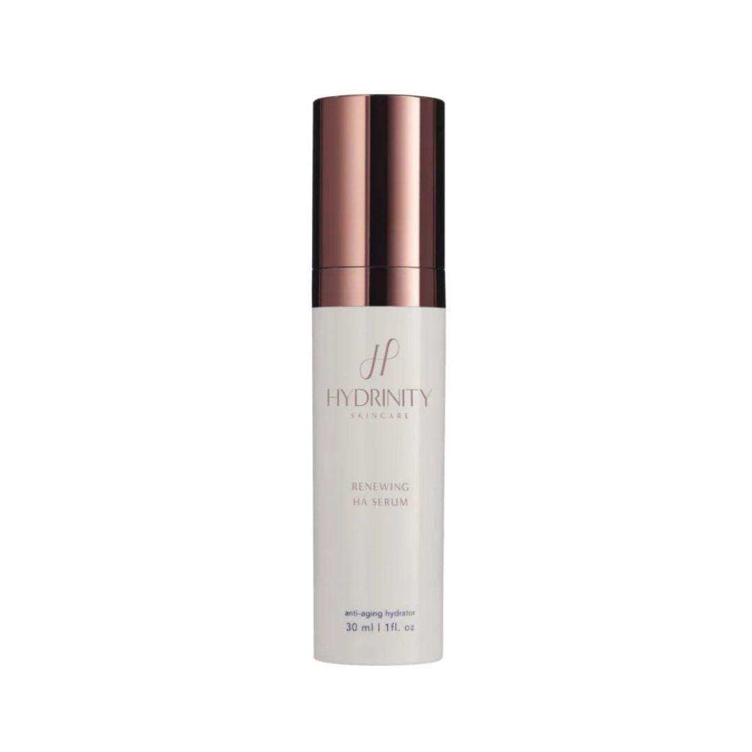 Alt Tag: Hydrinity Renewing HA Serum 30ml hydrating hyaluronic acid serum bottle for plumping, barrier repair and post-treatment recovery