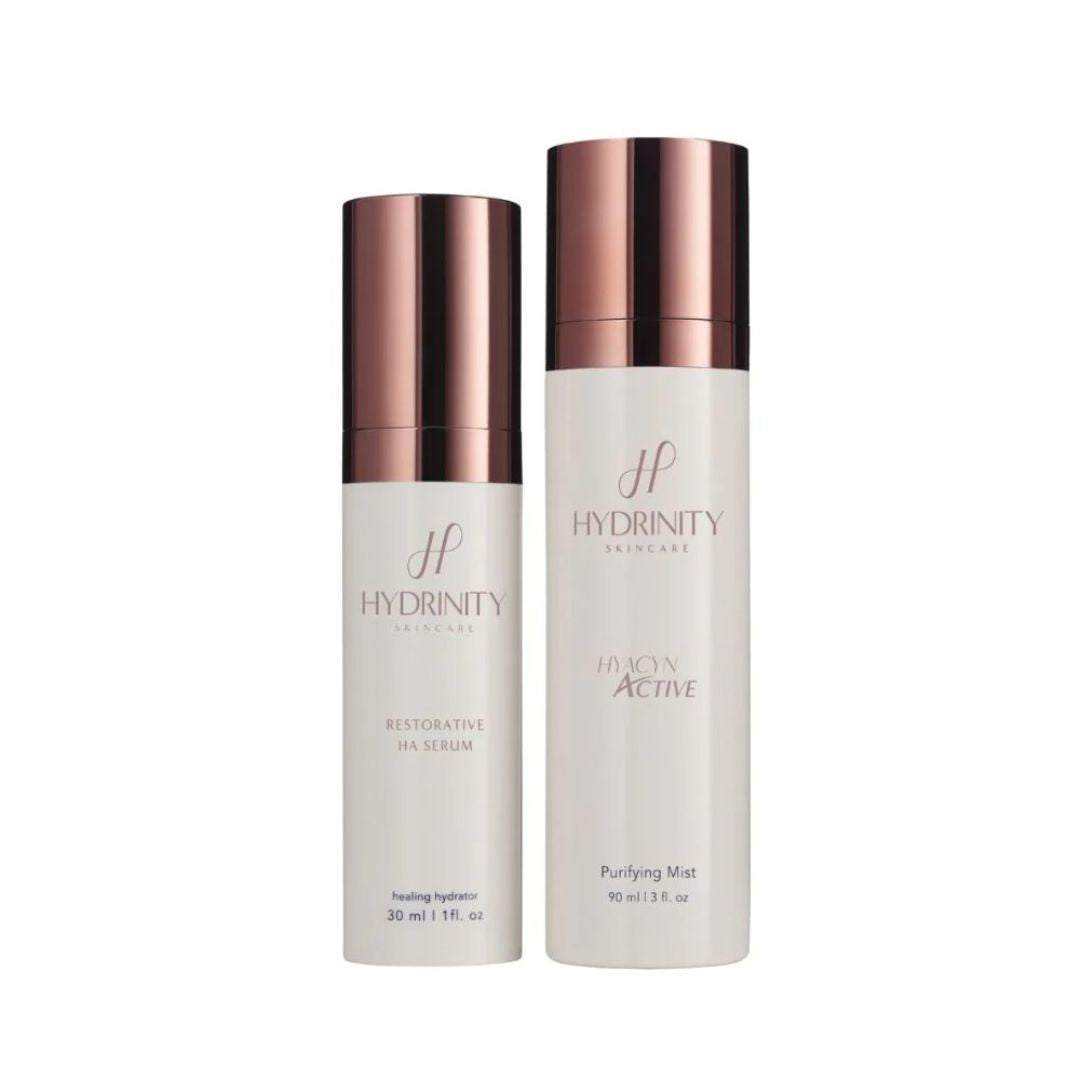 Hydrinity Restorative Kit with Restorative HA Serum and Hyacyn Active Purifying Mist for deep hydration and soothing redness