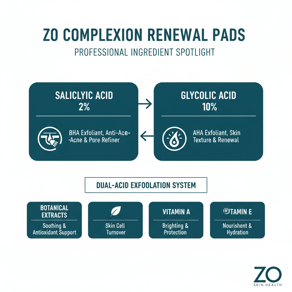 ZO Complexion Renewal Pads ingredient spotlight – 2% salicylic acid and 10% glycolic acid dual-acid exfoliation benefits