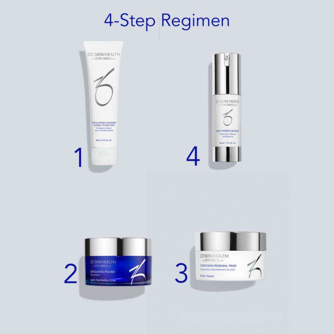 ZO Daily Skincare Program 4-step regimen kit with cleanser, exfoliating polish, renewal pads and daily power defense