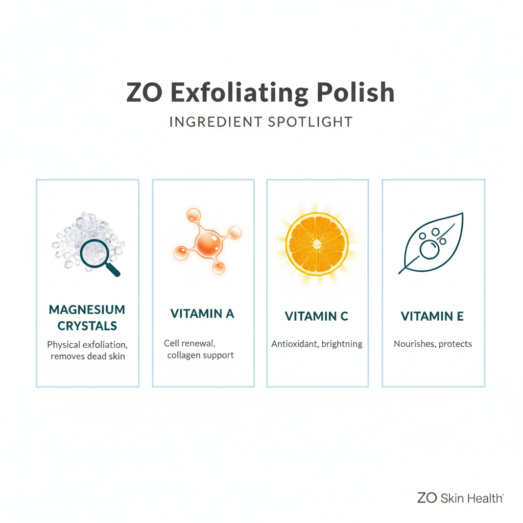 ZO Exfoliating Polish ingredient spotlight – magnesium crystals and vitamins A, C and E for smoothing, brightening and antioxidant protection