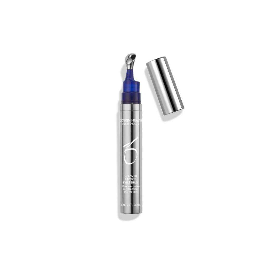 ZO Growth Factor Eye Serum applicator bottle with cooling metal tip and silver cap, anti-aging eye treatment for fine lines