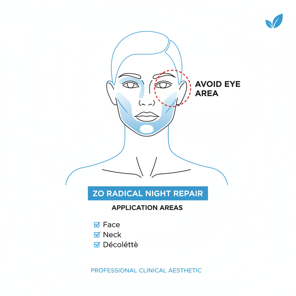 Alt Tag: ZO Radical Night Repair application areas diagram for face, neck and décolleté; avoid eye area