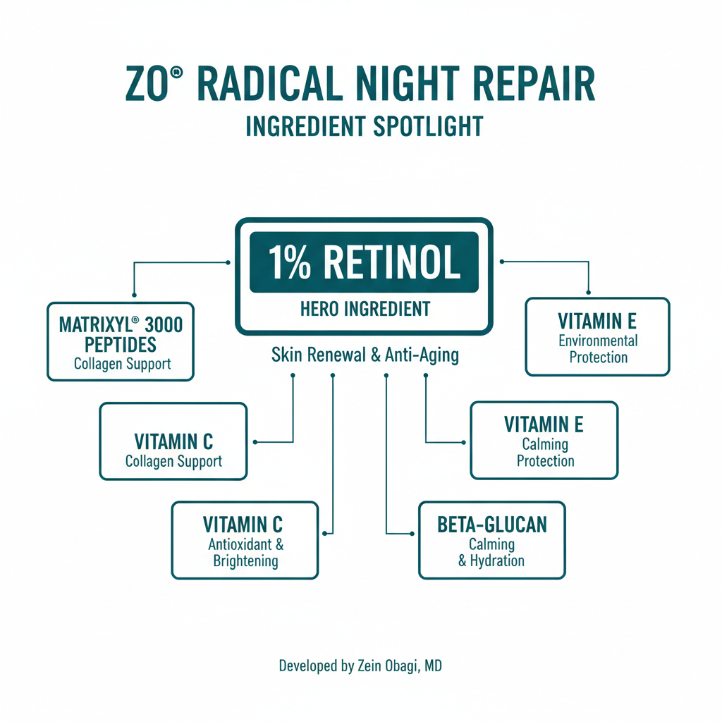 ZO Radical Night Repair ingredient spotlight graphic featuring 1% retinol with peptides, vitamins C & E, beta-glucan, and antioxidant protection