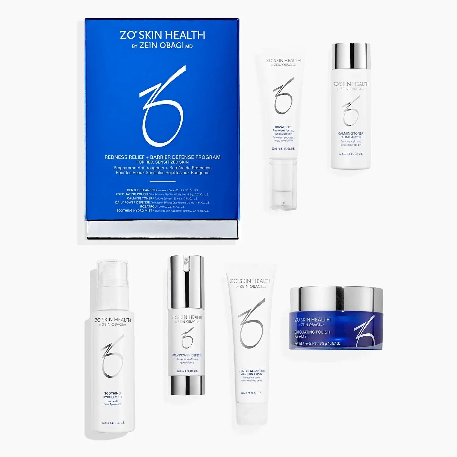 Alt Tag: ZO Redness Relief + Barrier Defense Program - Medical-Grade Skincare Kit box with cleanser, calming toner, serum and exfoliating polish