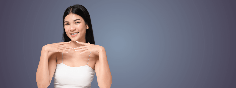 Alt Tag: Skin Whitening Laser Treatments Benefits - smiling woman with clear radiant skin, beauty skincare concept on blue background