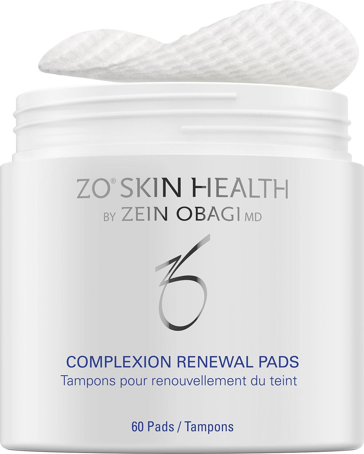 Container of ZO Complexion Renewal Pads with one pad partially out, skincare product for oily and acne-prone skin.