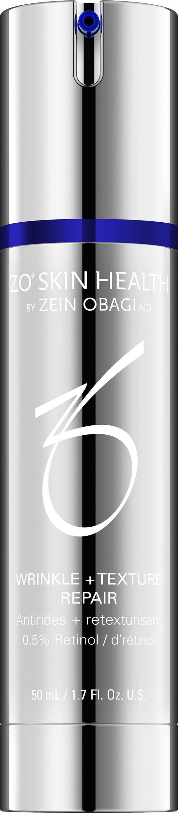 Bottle of ZO Wrinkle and Texture Repair retinol cream for smoothing wrinkles and improving skin texture
