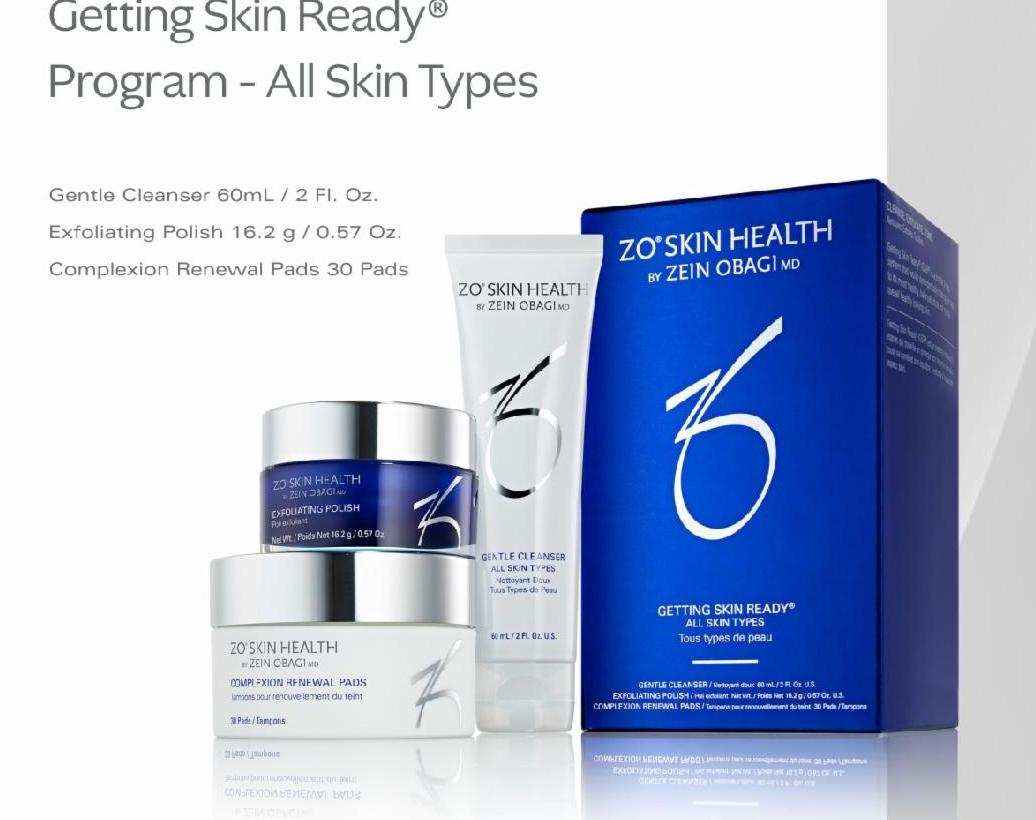 Getting Skin Ready Program Mini skincare kit with gentle cleanser, exfoliating polish, and complexion renewal pads by ZO Skin Health in blue packaging