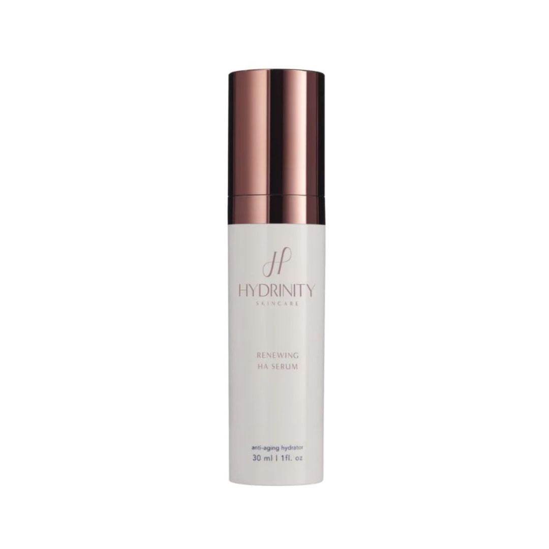 Hydrinity Renewing HA Serum 30ml bottle with rose gold cap for deep skin hydration and repair