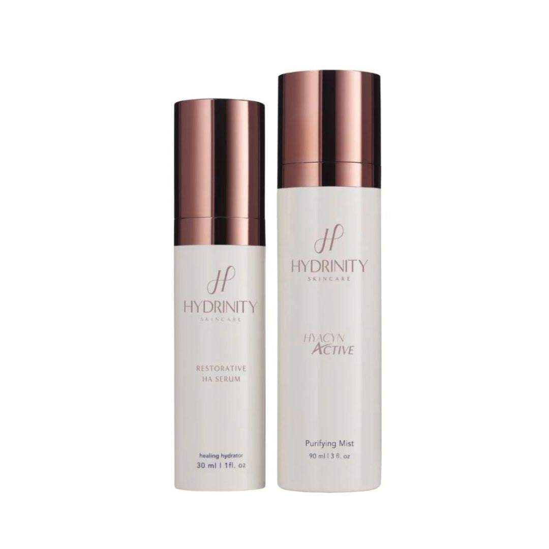 Hydrinity Restorative Kit with Restorative HA Serum and Hyacyn Active Purifying Mist for hydrating and restoring skin