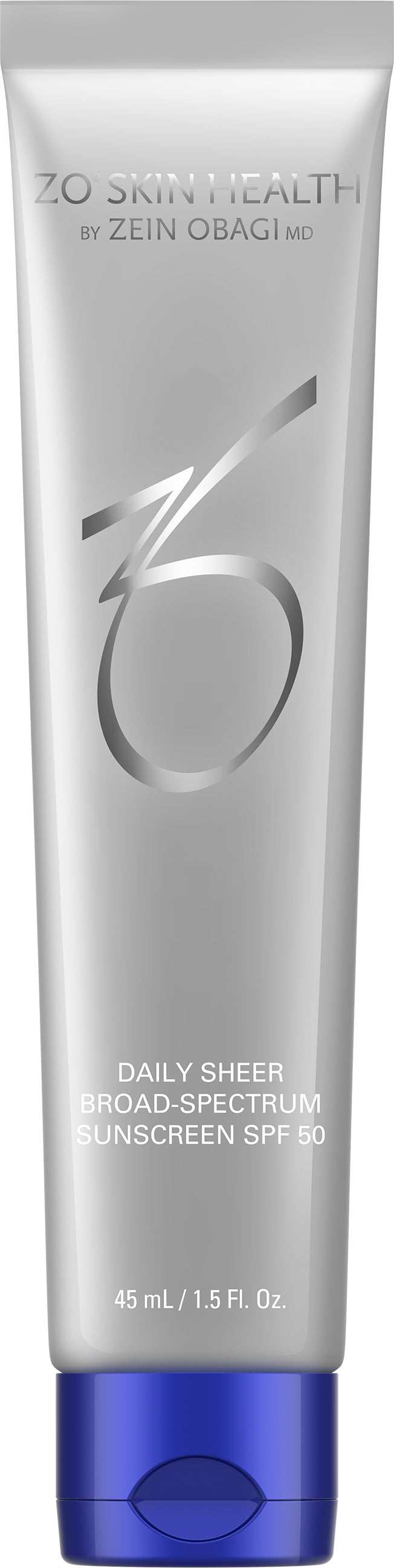 ZO Sheer Fluid Broad-Spectrum SPF 50 lightweight sunscreen in silver and blue tube with antioxidant protection and sheer finish