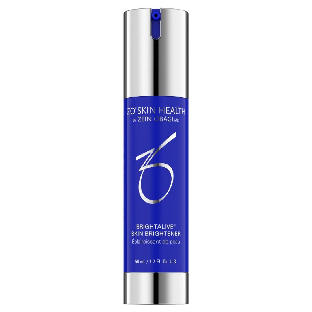 ZO Brightalive Skin Brightener bottle in blue with silver pump, gentle formula for improving skin tone and reducing dark spots.