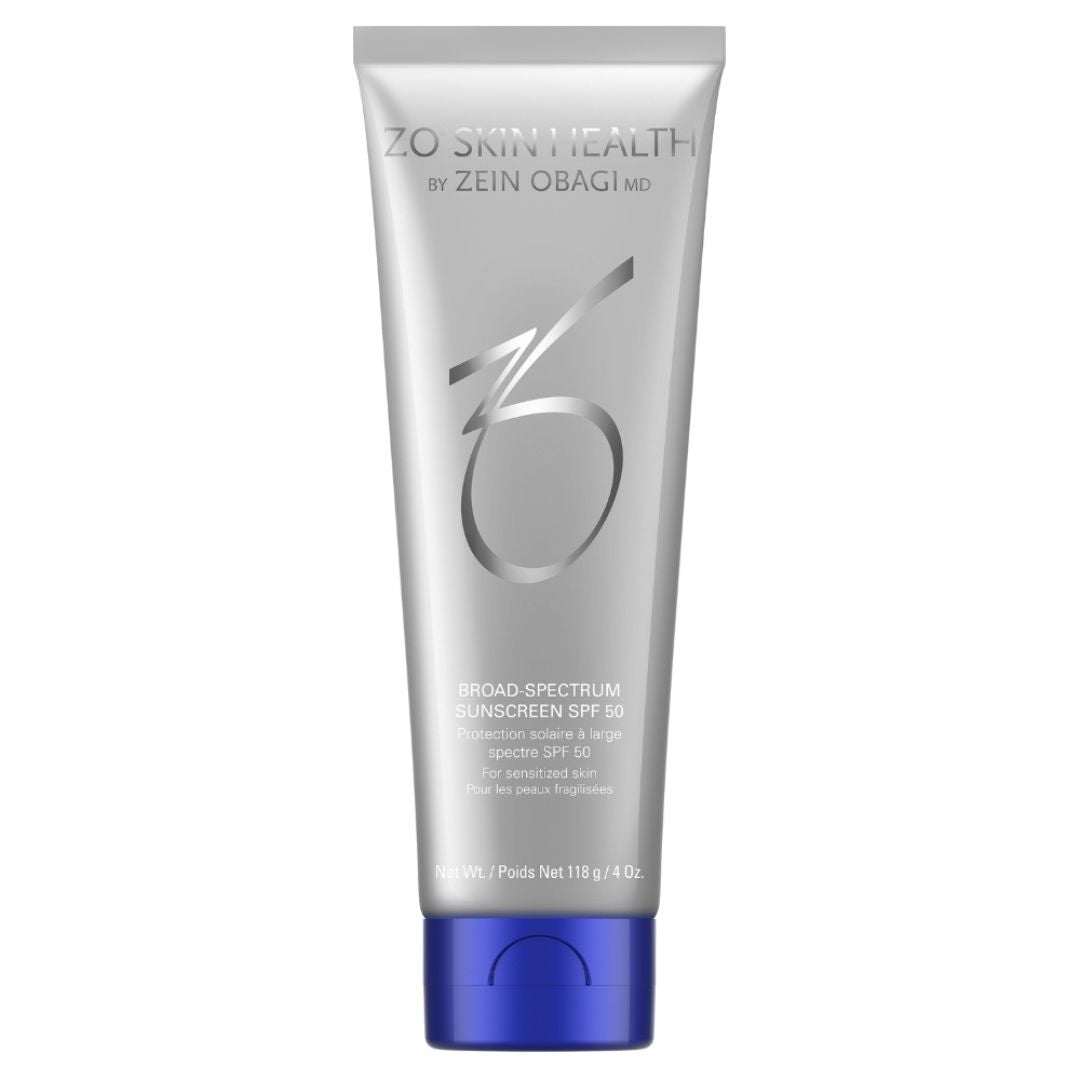 ZO Broad Spectrum Sunscreen SPF 50 tube with broad-spectrum protection for sensitive skin, lightweight and non-greasy formula.