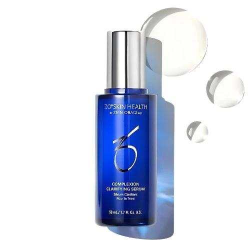 ZO Complexion Clarifying Serum blue bottle with silver cap and clear gel drops, for reducing oil and redness.