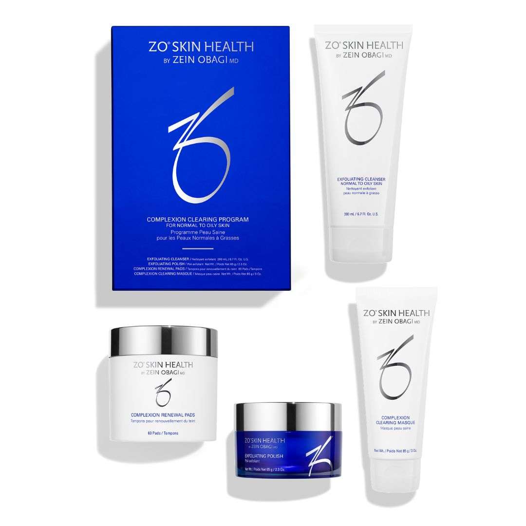 ZO Complexion Clearing Program skincare set with exfoliating cleanser, polish, renewal pads, and clearing masque for acne-prone skin.