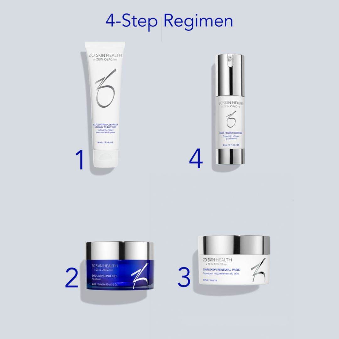 ZO Daily Skincare Program 4-step regimen including exfoliating cleanser, polish, renewal pads, and antioxidant serum for healthy skin maintenance