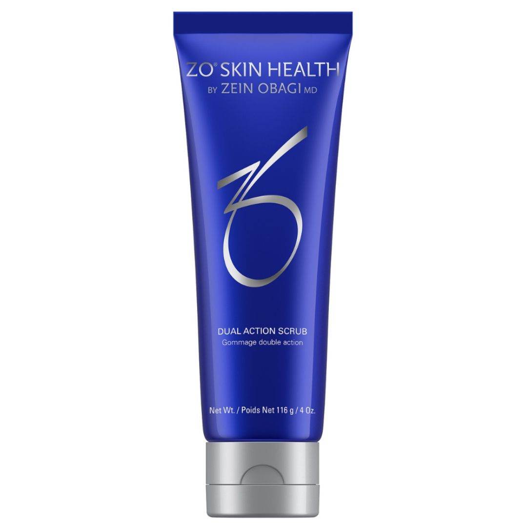 Tube of ZO Dual Action Scrub by ZO Skin Health in blue packaging