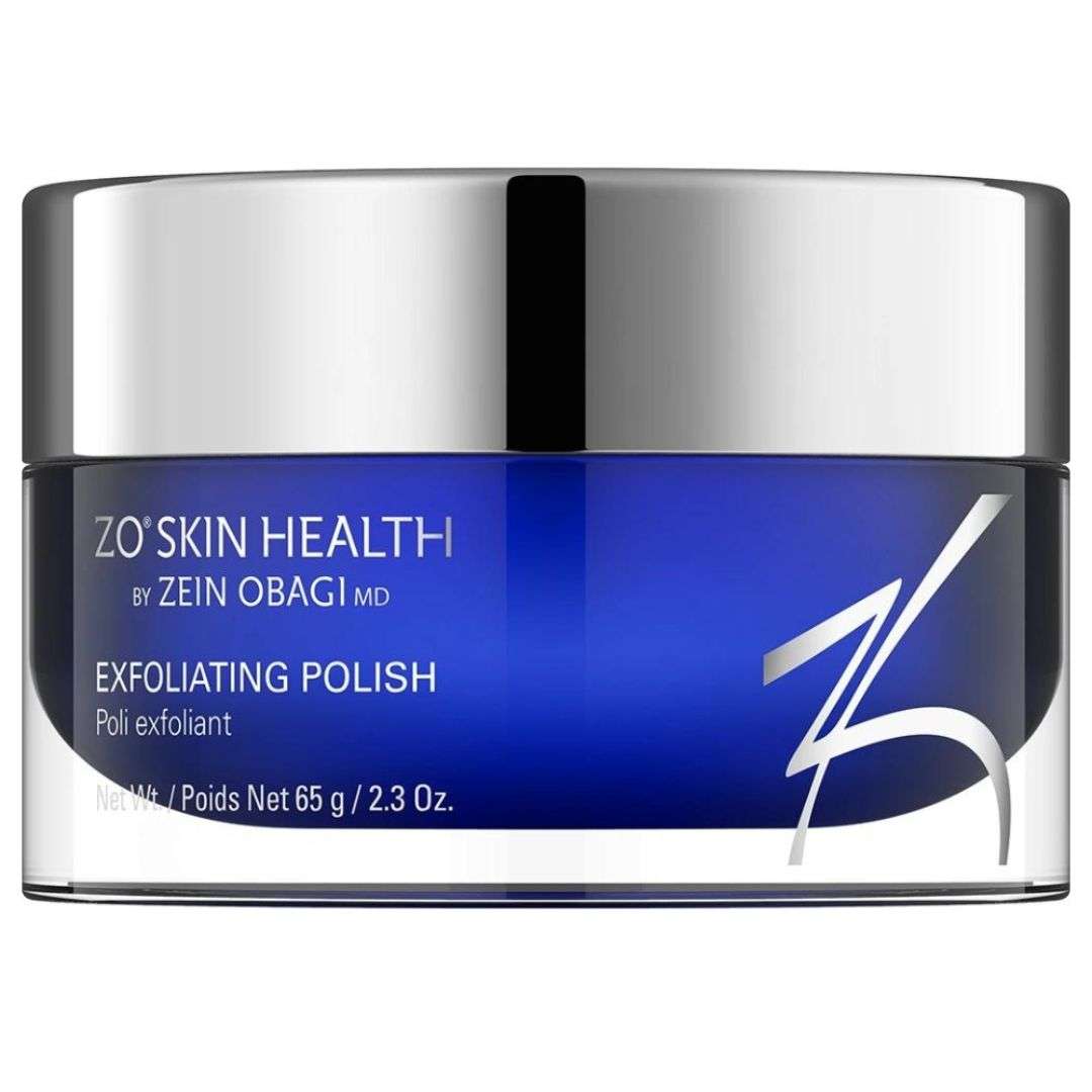 ZO Exfoliating Polish jar with magnesium oxide crystals and vitamins C and E for gentle skin exfoliation and brighter complexion.