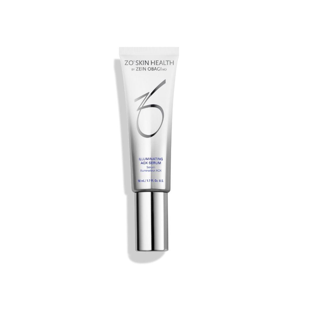 ZO Illuminating AOX Serum tube with silver cap, antioxidant skincare for pollution protection and brightening