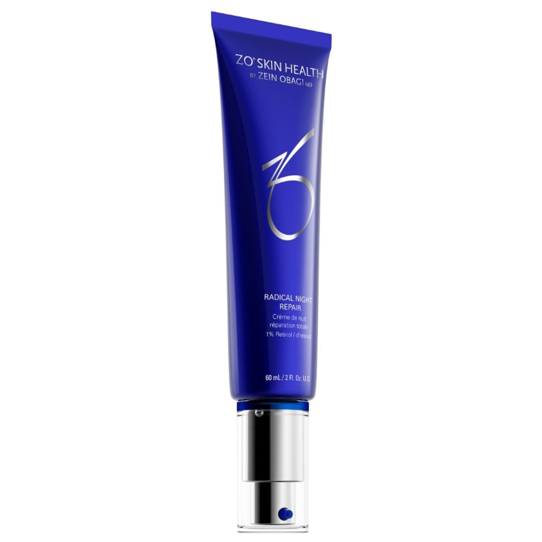 ZO Radical Night Repair tube with 1% retinol for reducing hyperpigmentation and improving skin tone and texture.