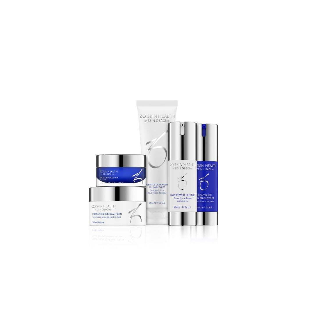 ZO Skin Brightening Program skincare set with cleanser, brightener, texture repair, and daily defense serum in blue and white packaging