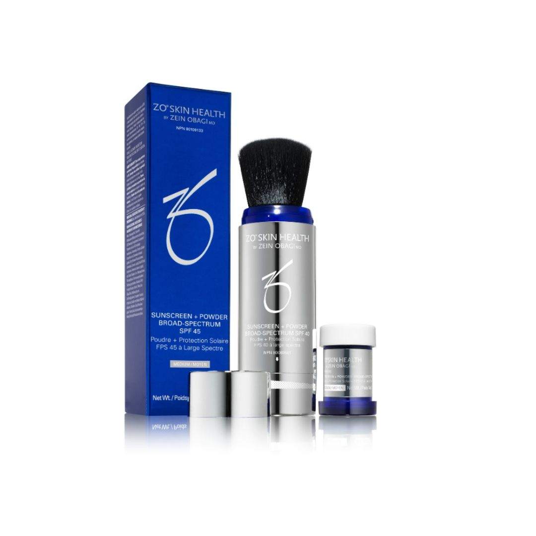 ZO Sunscreen and Powder Broad-Spectrum SPF 45 mineral powder sunscreen with brush and blue packaging for matte, buildable coverage and sun protection