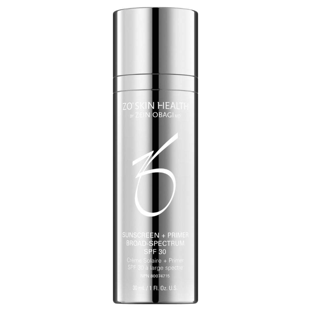 ZO Sunscreen and Primer SPF 30 bottle providing broad-spectrum sun protection and makeup primer with a matte finish for all skin types.