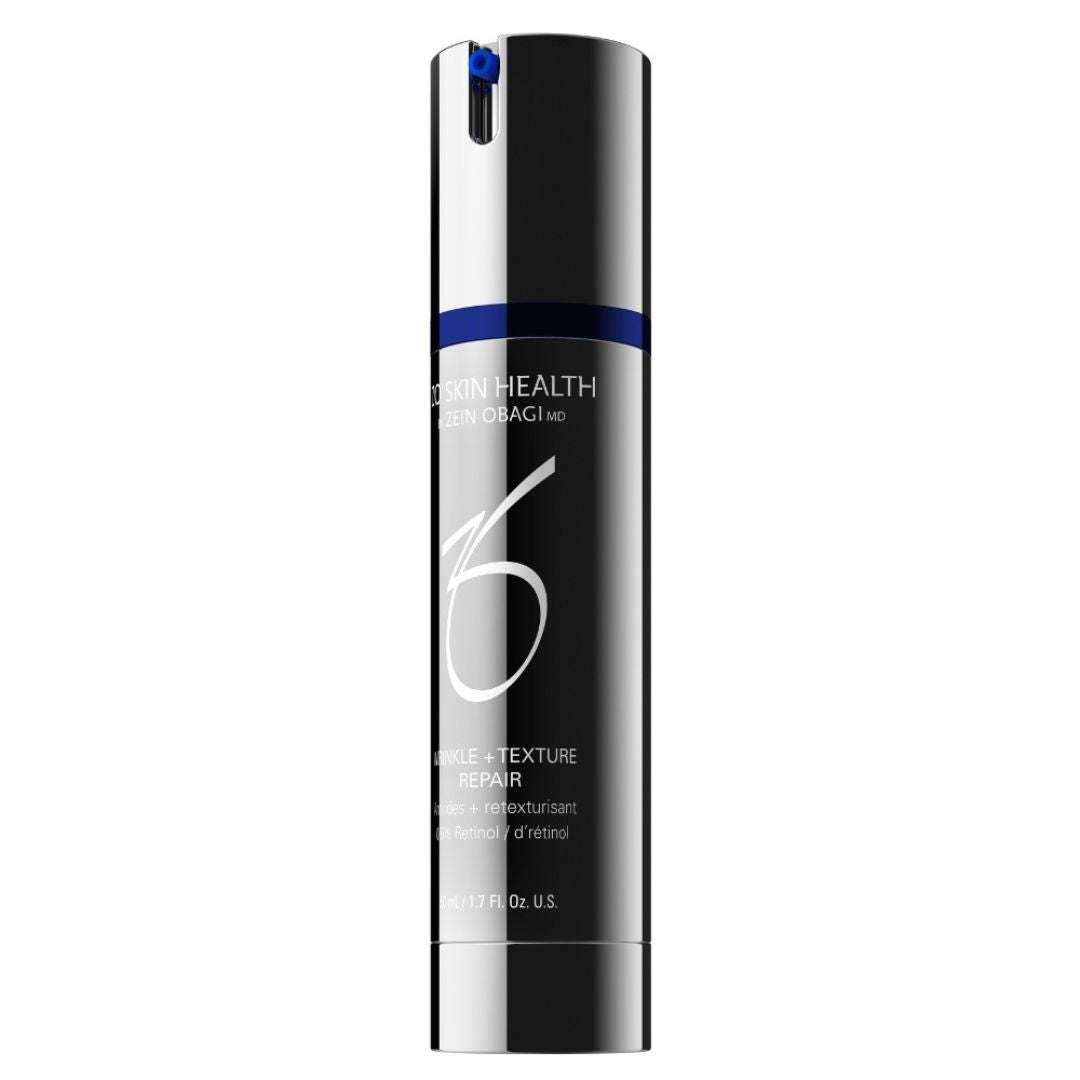 Black and silver bottle of ZO Wrinkle and Texture Repair retinol cream for smoothing wrinkles and improving skin texture
