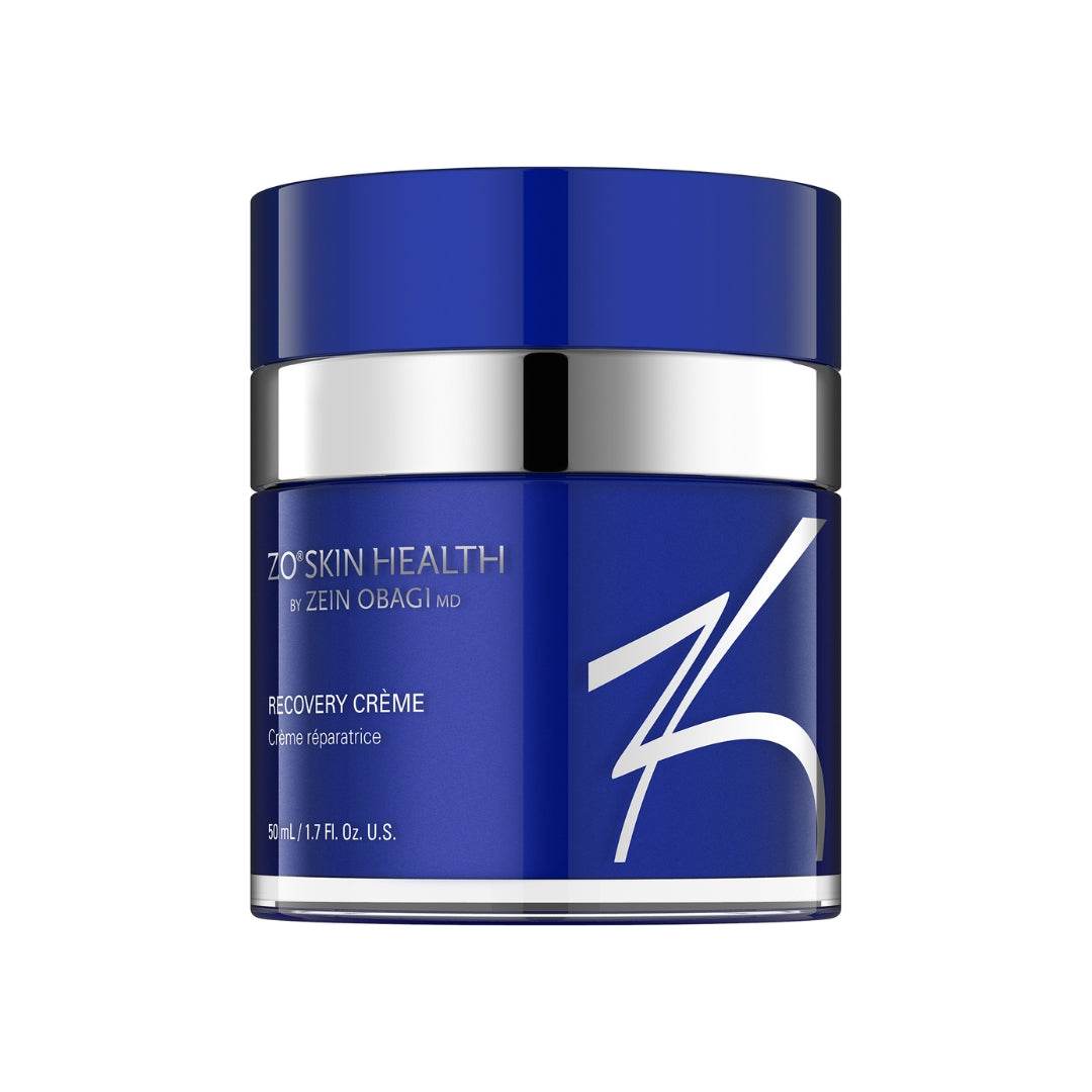 ZO Recovery Crème moisturizing cream in blue jar for soothing and repairing sensitive skin.