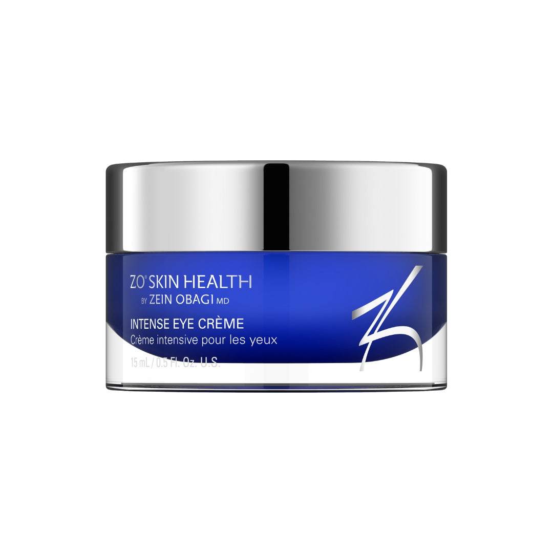 ZO Intense Eye Crème in blue jar with silver lid for hydrating and anti-aging eye care.