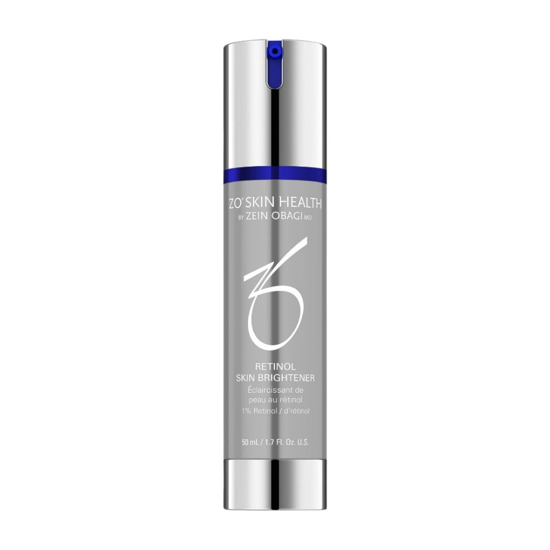 Zo Retinol Skin Brightener 1% serum bottle for reducing discoloration and improving skin tone and texture