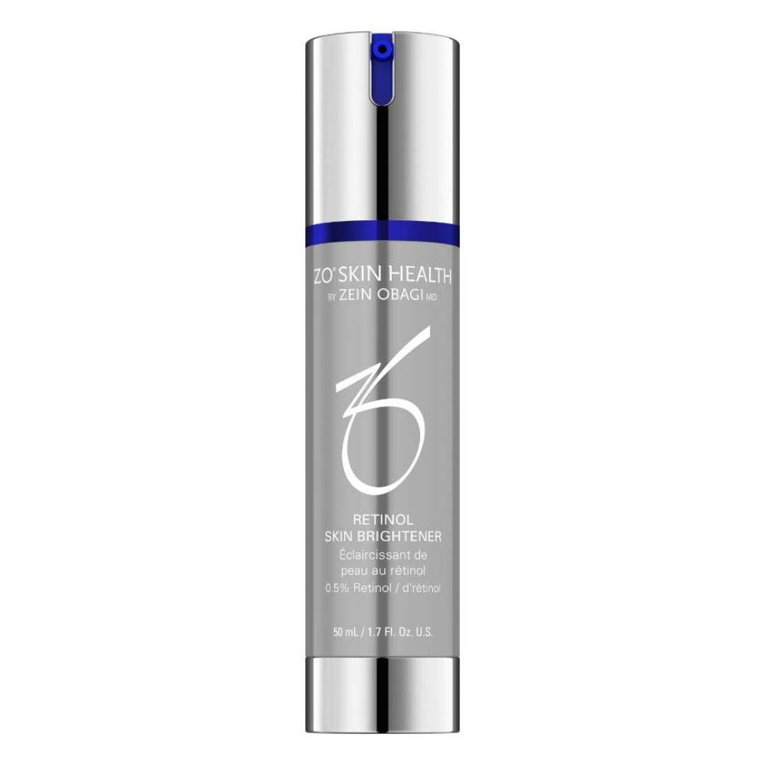 ZO Retinol Skin Brightener 0.5 in sleek silver and blue bottle for improving uneven skin tone and brightening complexion