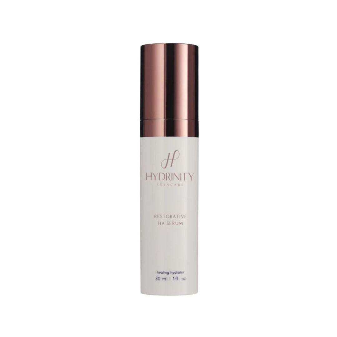 Hydrinity Restorative HA Serum 30ml bottle with rose gold cap – medical-grade hyaluronic acid serum for hydration and firming